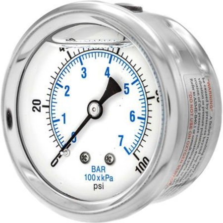 Engineered Specialty Products, Inc Pic Gauges 2 1/2" Pressure Gauge, Liquid Filled, 100 PSI, SS Case, Center Back Mount, PRO-202L-254E PRO-202L-254E